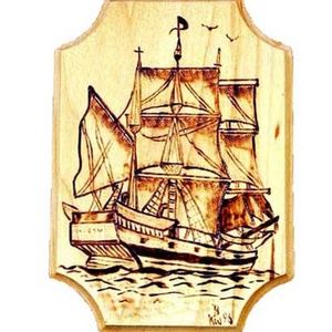 SCHOONER AT SAIL WOODBURNING, HAND DONE, SIGNED, ONE OF A KIND, HIGHLY DETAILED,